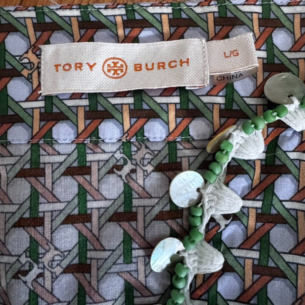 Tory Burch Shell Embellished Cane Weave Pattern Green Tan Resort Caftan - L - Picture 6 of 10